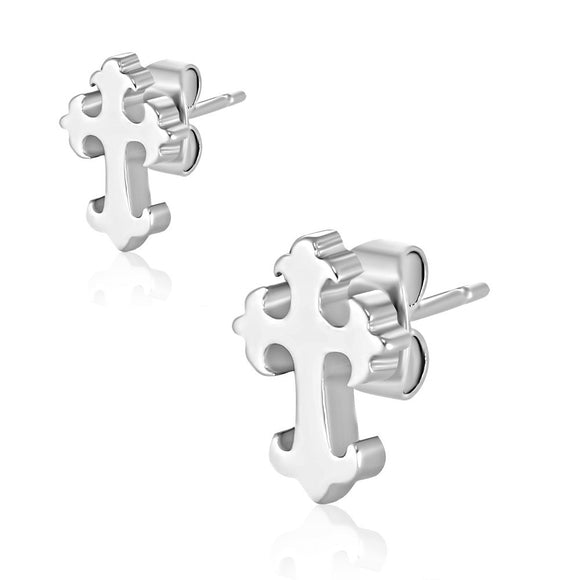 Stainless Steel Fleur De Lis Cross Stud Earrings (pair) - JES024
