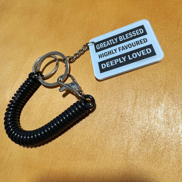 Greatly Blessed Highly Favoured Deeply Loved Black Retractable Spring Coil Keychain