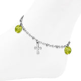 Stainless Steel Latin Cross Charm Bracelet/ Anklet w/ Extender Chain & Green CZ - ANK225