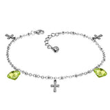 Stainless Steel Latin Cross Charm Bracelet/ Anklet w/ Extender Chain & Green CZ - ANK225
