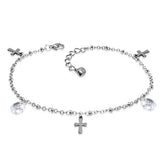 Stainless Steel Latin Cross Charm Bracelet/ Anklet w/ Extender Chain & Clear CZ - ANK226
