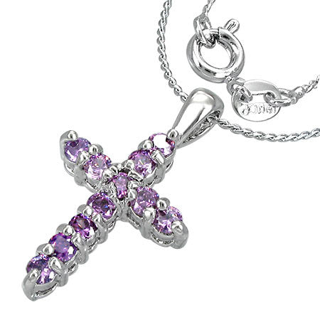 Fashion Alloy Prong-Set Cross Charm Necklace w/ February Birthstone Amethyst CZ- CCZ122