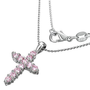 Fashion Alloy Pave-Set Cross Charm Necklace w/ October Birthstone Rose Pink CZ - CCZ217
