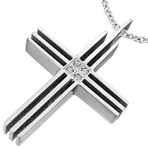 Stainless Steel Cut-out Geometric Cross Pendant w/ Clear CZ - DPA016