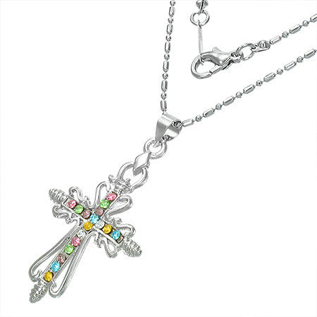 Fashion Channel-Set Eternity Fleur De Lis Cross Charm Necklace w/ Colorful CZ - FNZ140