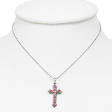 Fashion Alloy Channel-Set Eternity Fleur De Lis Cross Charm Necklace w/ October Birthstone Rose Pink CZ - FNZ187