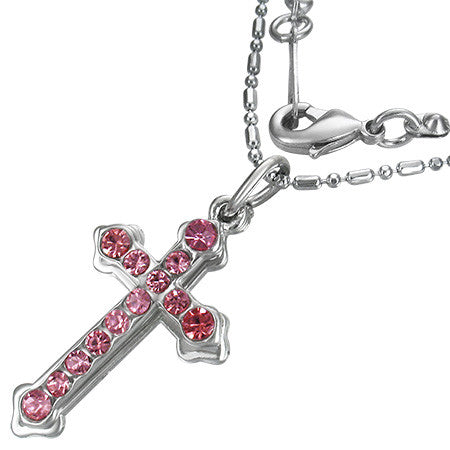 Fashion Alloy Channel-Set Eternity Fleur De Lis Cross Charm Necklace w/ October Birthstone Rose Pink CZ - FNZ187