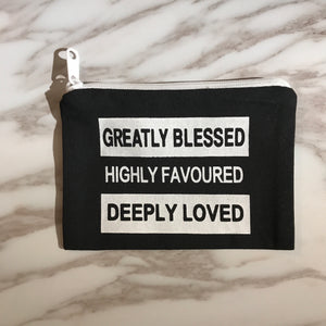 Greatly Blessed coin pouch - white on black
