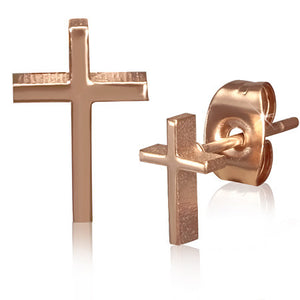 Rose/ Pink Gold Color Plated Stainless Steel Latin Cross Stud Earrings (pair) - JES233