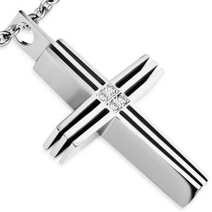 Stainless Steel 2-tone Semi Pave-Set Cross Pendant w/ Clear CZ - PCR038