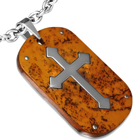 Stainless Steel 2-tone Medieval Cross Tag Pendant w/ Wood - PCR502