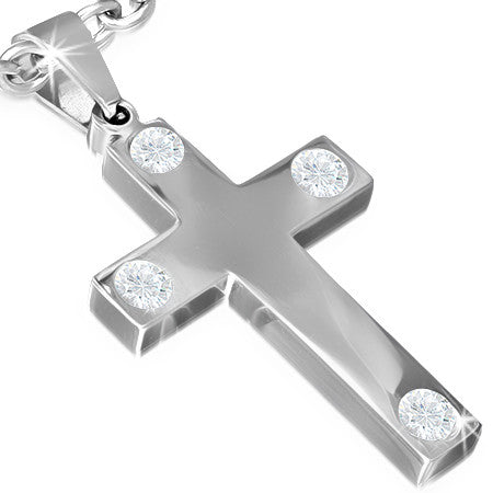 Stainless Steel Engravable Latin Cross Pendant w/ Clear CZ - PLY1000