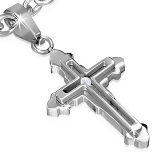 Stainless Steel Latin & Fleur De Lis Double Cross Pendant w/ Clear CZ - PLY1029