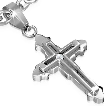 Stainless Steel Latin & Fleur De Lis Double Cross Pendant w/ Clear CZ - PLY1029
