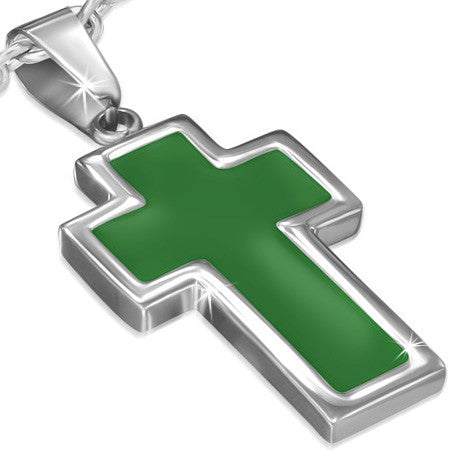 Stainless Steel Green Enameled Latin Cross Charm Pendant - PLY1044