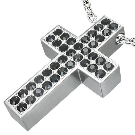 Stainless Steel Pave-Set Cross Pendant w/ Jet Black CZ - PLY220