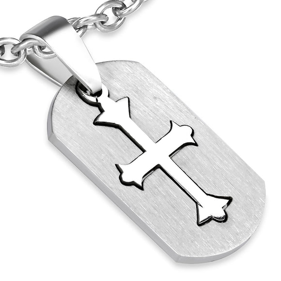 Stainless Steel 2-Part Cut-out Fleur De Lis Cross Tag Pendant - PLY606