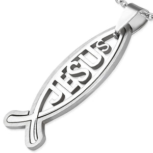 Stainless Steel 2-Part Cut-out Jesus Monogram Fish Religious Christian Pendant - TPB152