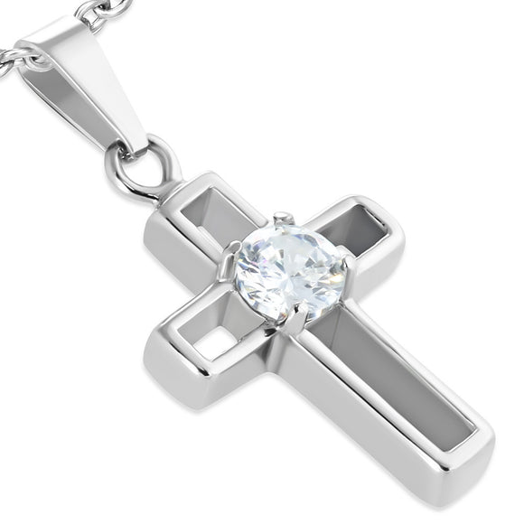 Stainless Steel Prong-Set Latin Cross Pendant w/ Clear CZ - UPM015