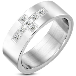 8mm | Stainless Steel Latin Cross Flat Band Ring w/ Clear CZ - VRR371