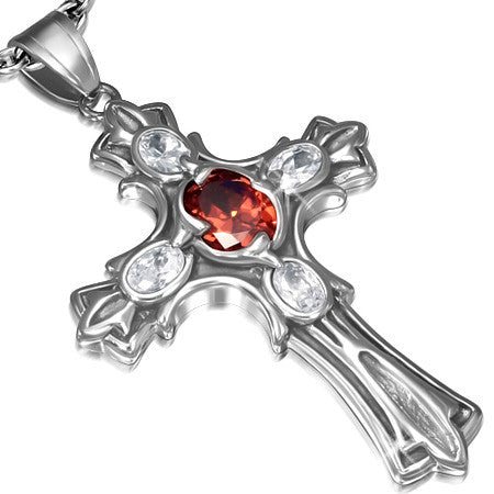 Stainless Steel 2-tone Bezel Set Fleur De Lis Cross Charm Biker Pendant w/ Light Siam Red CZ - WPB298