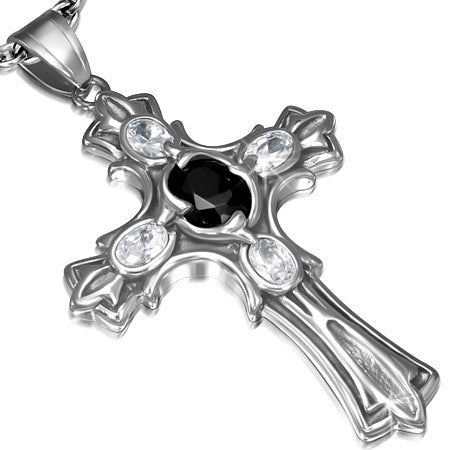 Stainless Steel 2-tone Bezel Set Fleur De Lis Cross Charm Biker Pendant w/ Clear & Jet Black CZ - WPB302