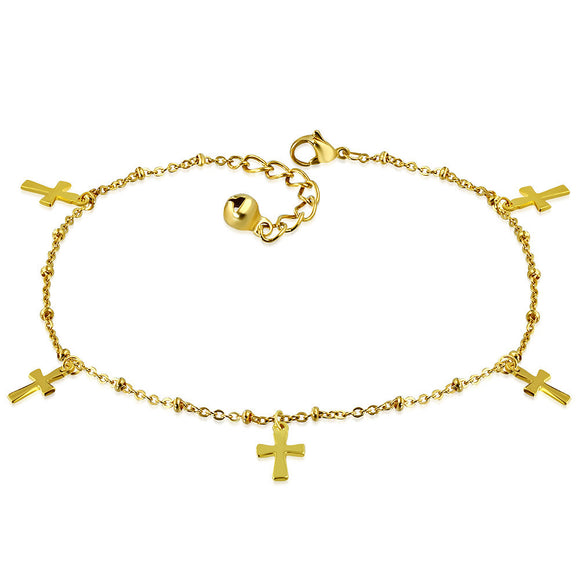 Gold Color Plated Stainless Steel Latin Cross Charm Bracelet/ Anklet w/ Extender Chain - XXA039