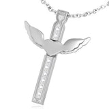 Stainless Steel Channel-Set Love Heart Guardian Angel Wing Cross Pendant w/ Clear CZ - XXP111